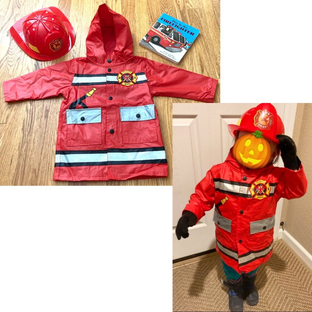 Firefighter halloween costume/pretend play set with boardbook